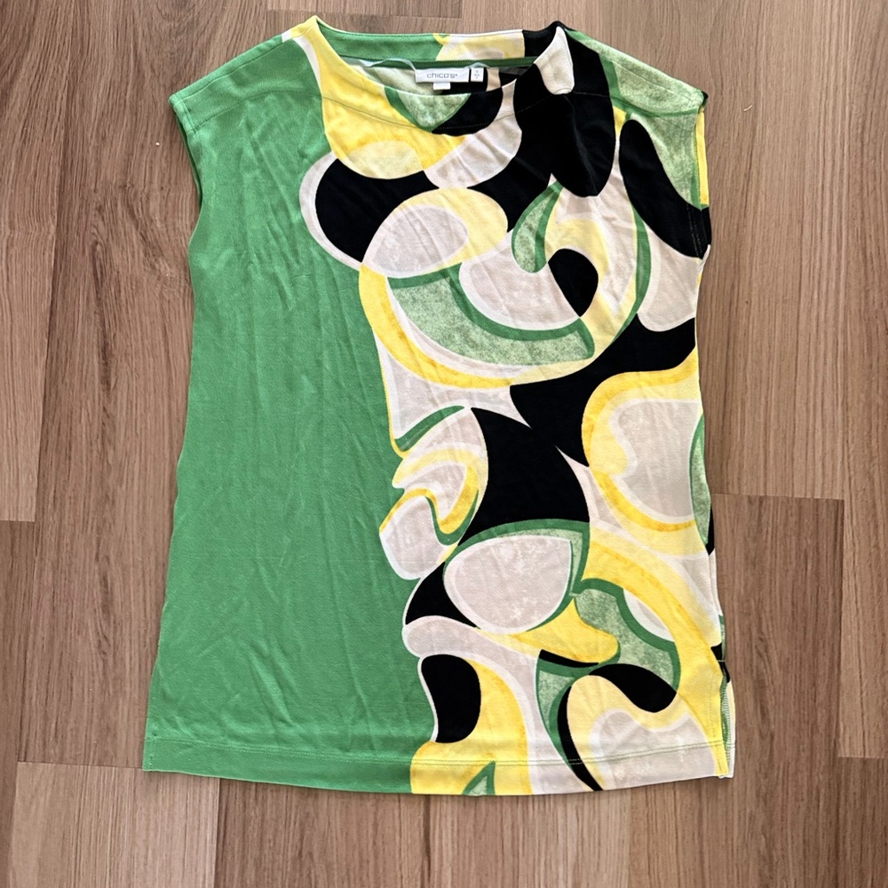 Chico's Green and Yellow Swirl Blouse
